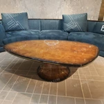 Tapered-Pedestal Burl Wood Coffee Table with Amber Finish and Dark Rim